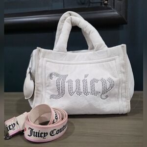 Juicy Couture Velour Ivory Cream Extra Spender Tote Bag Crossbody Small 10x8x6